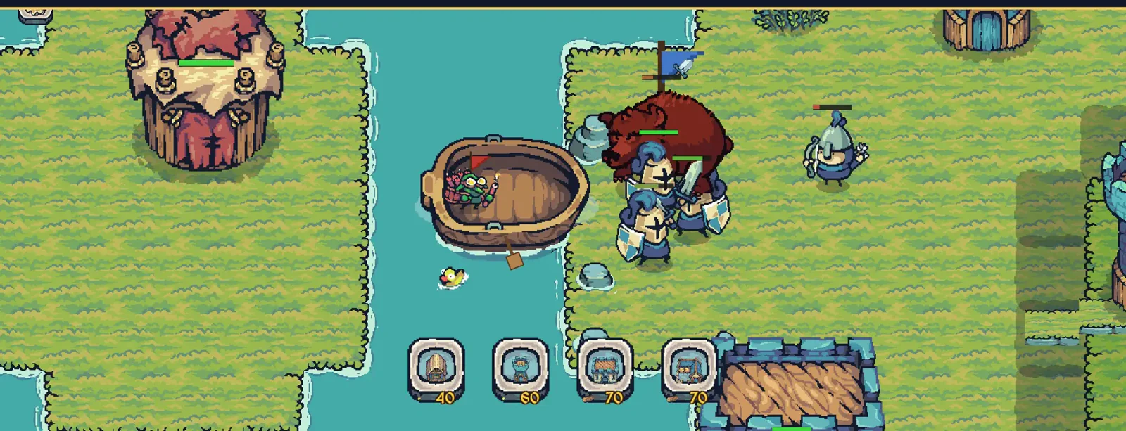 Island Siege gameplay: a knight and archers holding a grassy island against raiders coming ashore by boat